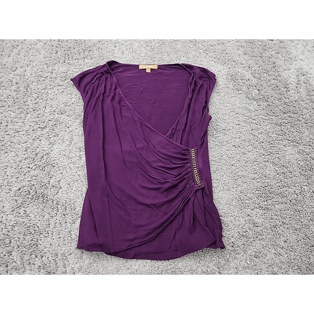 Ellen Tracy Blouse Women Large Purple Cap Sleeve Faux Wrap Ruched Metallic